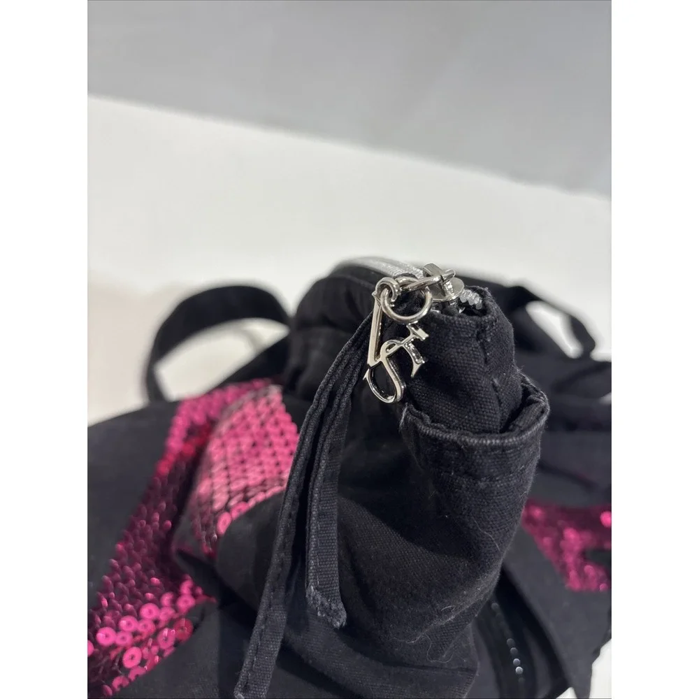 Victoria's Secret Black With Pink Sequin XL Tote Stripe Limited Edition Top Zip
